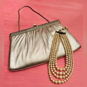 Vintage 1960s Moon Dust Silver Evening Bag USA Rhinestones Mod By HL + Pearls